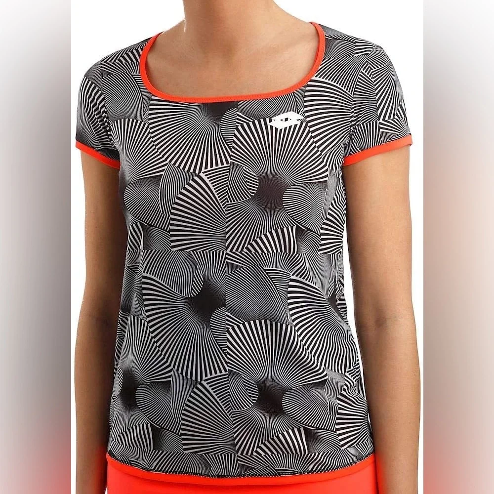 LOTTO Tech Tennis Tee Short Sleeve T-Shirt Black White Orange Trim Size Medium - Picture 2 of 12